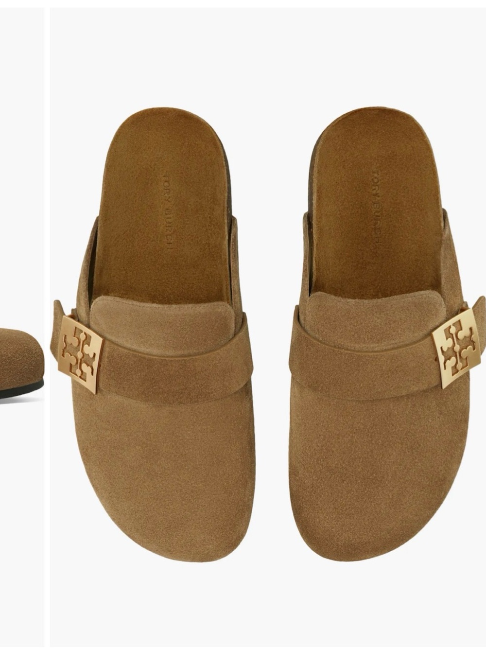 Tory Burch Taupe Suede Slide Mules with Gold Logo Accent - Picture 2 of 10